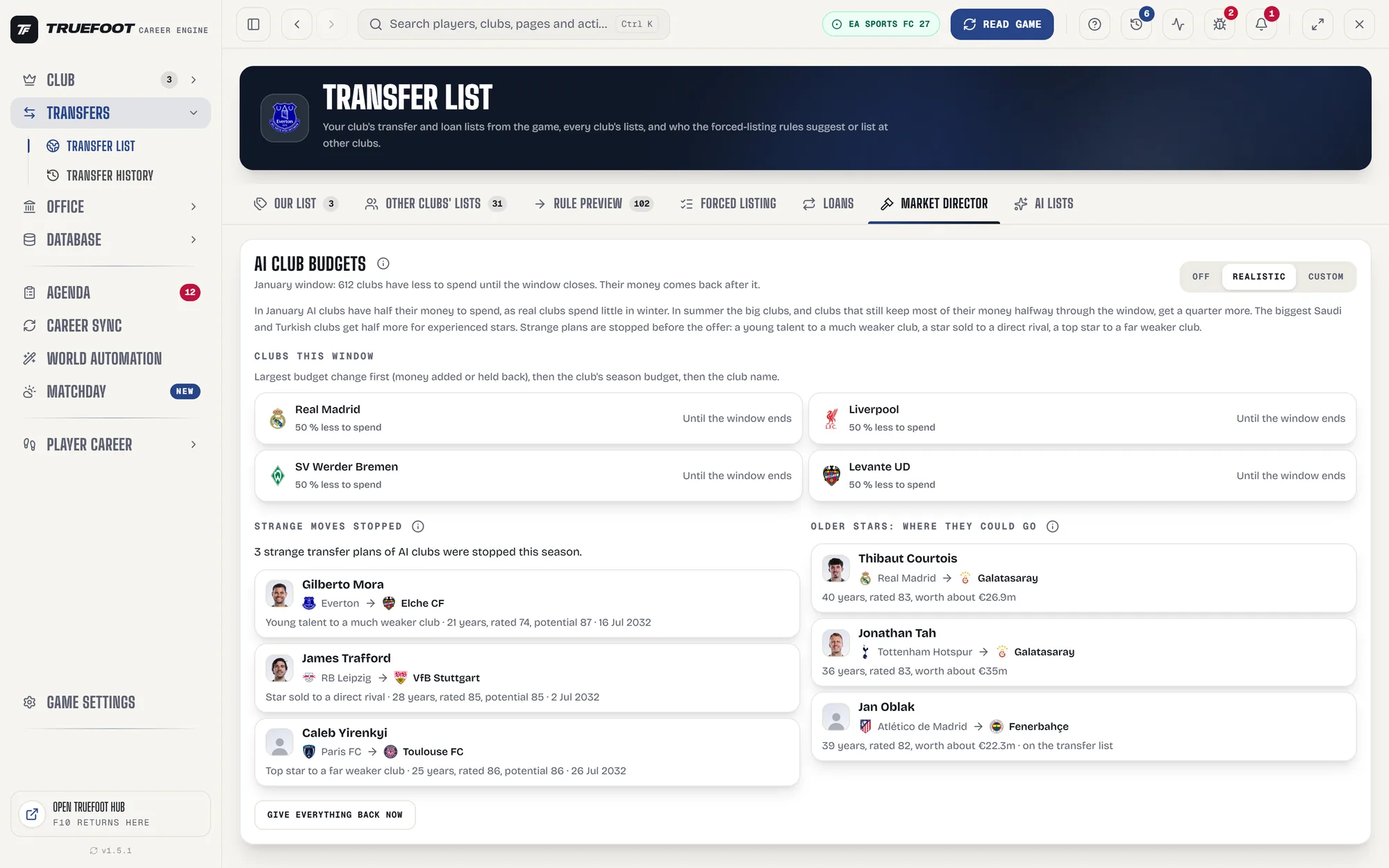 Le Directeur du marché dans l'éditeur Career Engine : budgets des clubs IA pour ce mercato, transferts étranges arrêtés et destinations possibles des stars expérimentées.